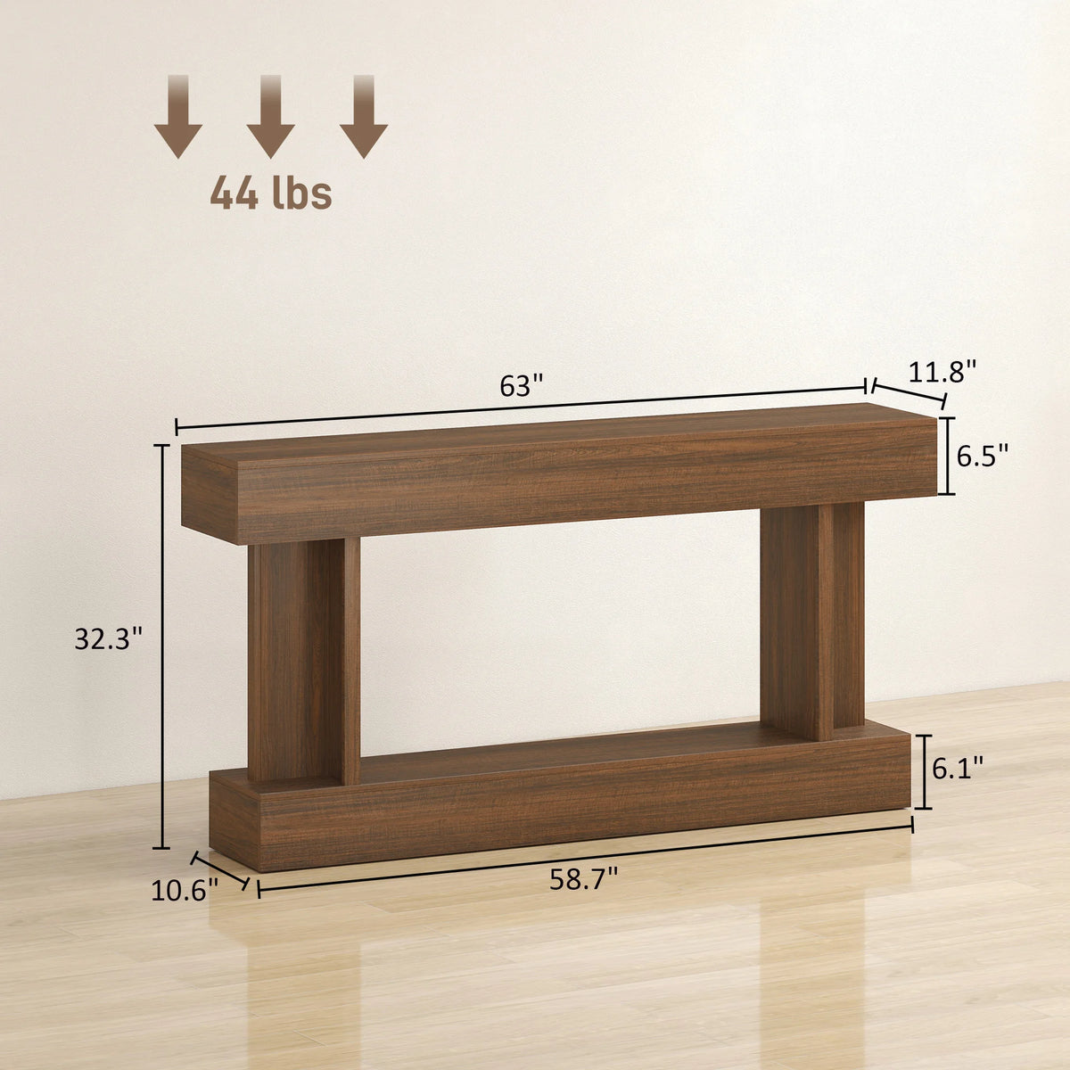 63 Inch Long Console Table, Vintage Narrow Entryway Table with Storage Shelf for Living Room and Hallway, Brown