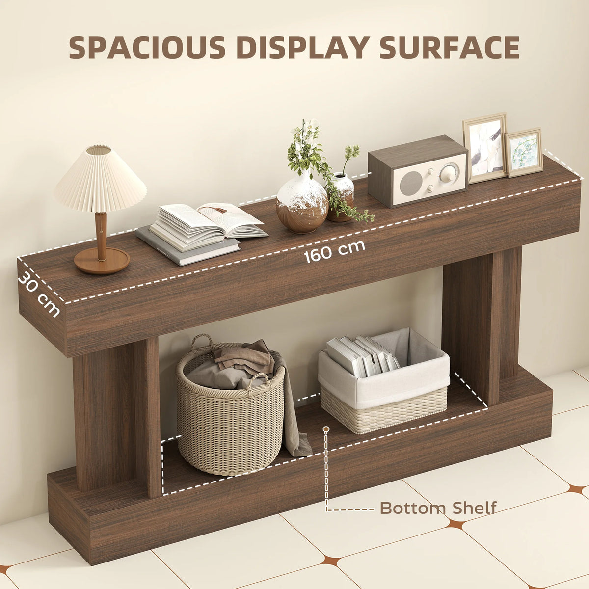 63 Inch Long Console Table, Vintage Narrow Entryway Table with Storage Shelf for Living Room and Hallway, Brown