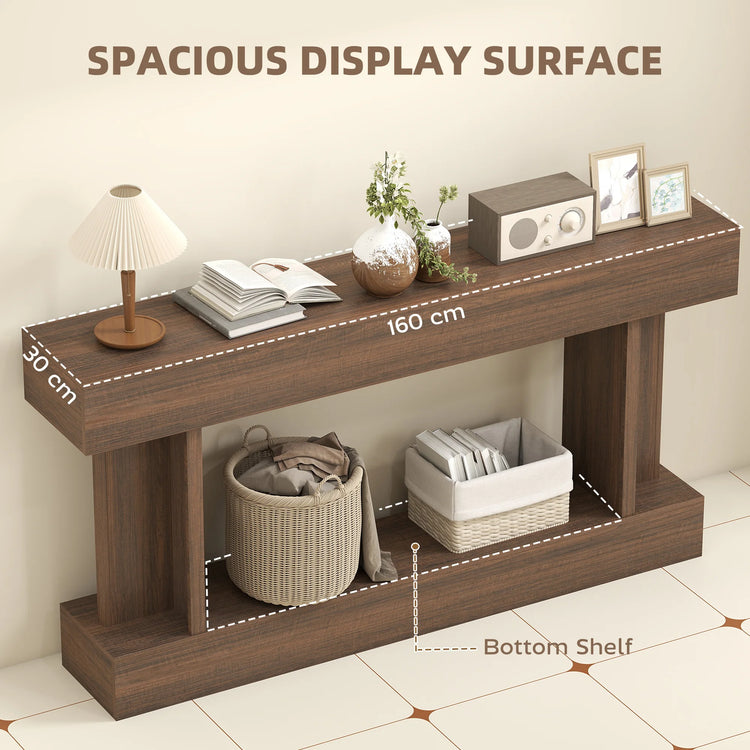 63 Inch Long Console Table, Vintage Narrow Entryway Table with Storage Shelf for Living Room and Hallway, Brown
