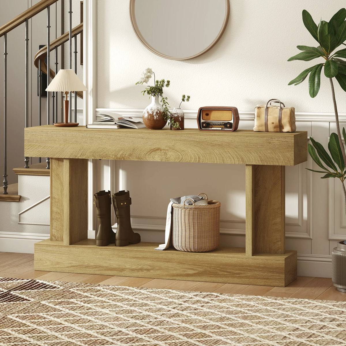 63 Inch Long Console Table, Vintage Narrow Entryway Table with Storage Shelf for Living Room and Hallway, Brown