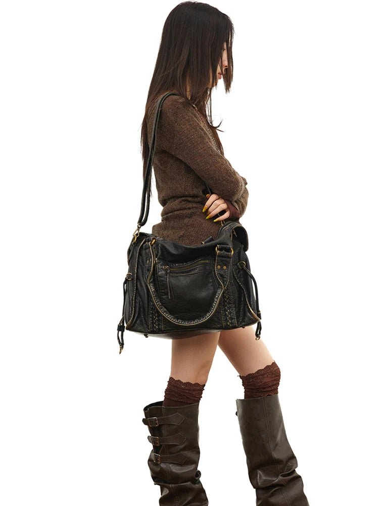 Y2K sacà bandoulière simple pour fille Soft leather retro messenger bag large capacity tote bag punk multi pocket motorcycle bag