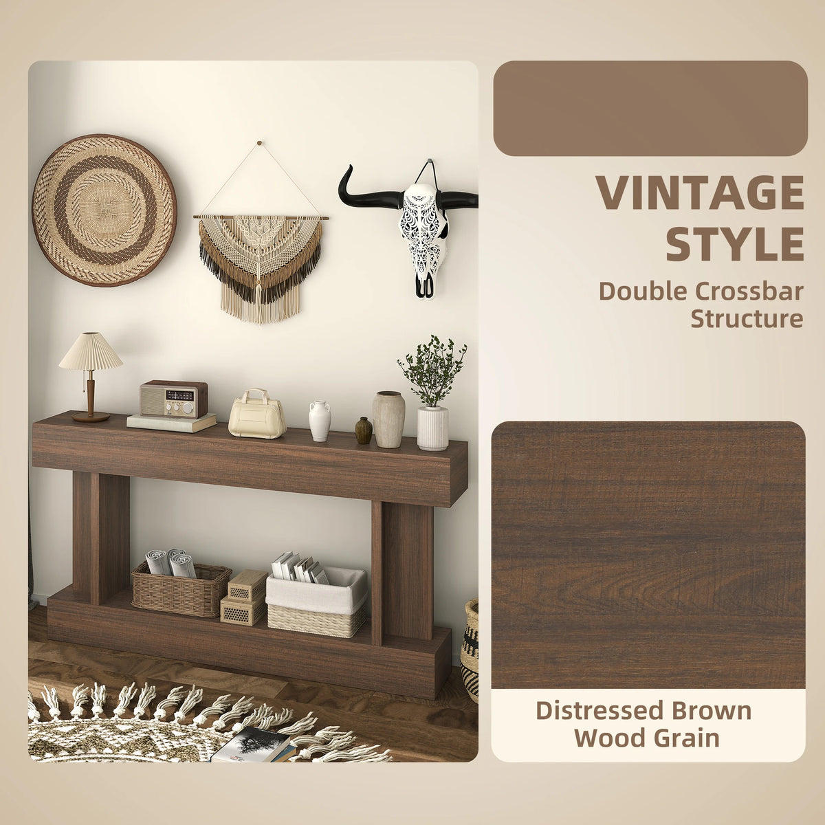 63 Inch Long Console Table, Vintage Narrow Entryway Table with Storage Shelf for Living Room and Hallway, Brown