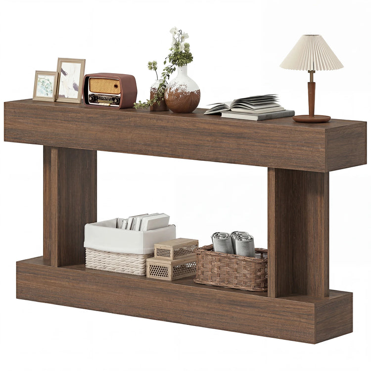 63 Inch Long Console Table, Vintage Narrow Entryway Table with Storage Shelf for Living Room and Hallway, Brown