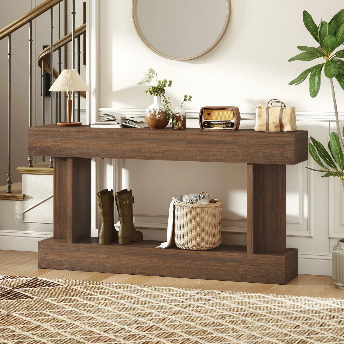 63 Inch Long Console Table, Vintage Narrow Entryway Table with Storage Shelf for Living Room and Hallway, Brown