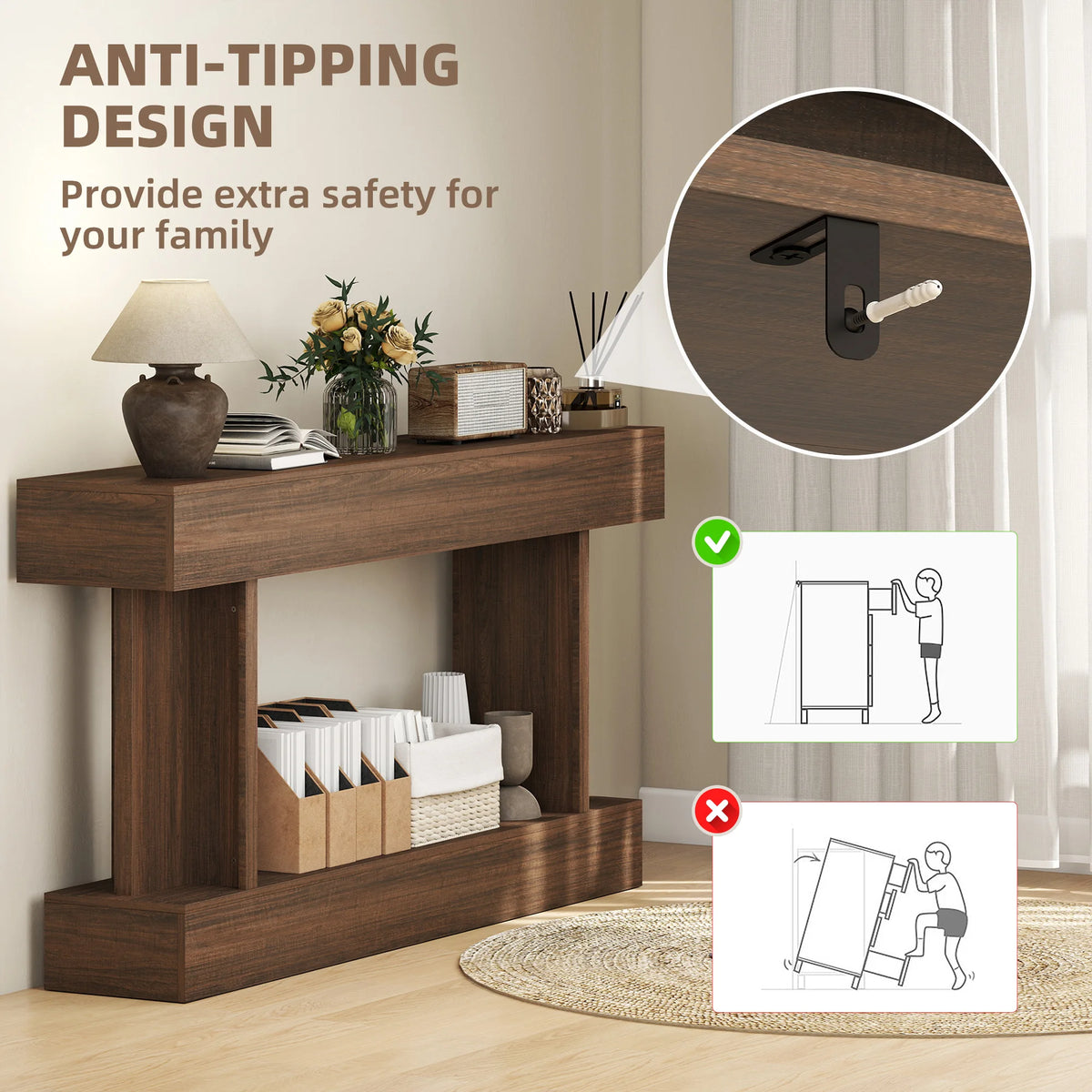 63 Inch Long Console Table, Vintage Narrow Entryway Table with Storage Shelf for Living Room and Hallway, Brown
