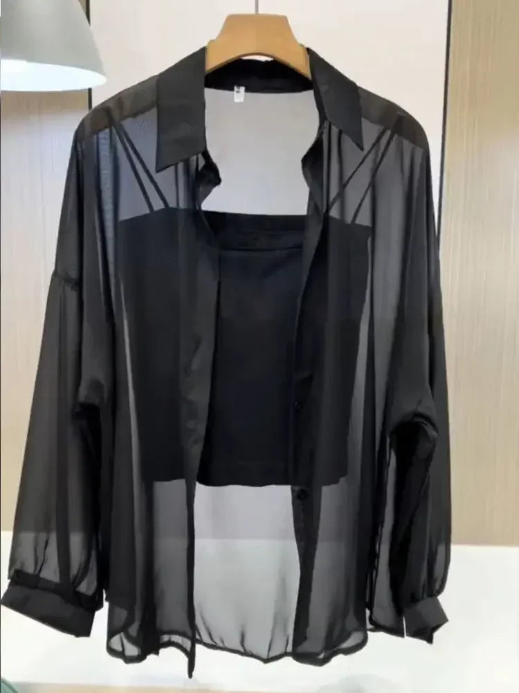 Plus Size Women’s Tops 2025 Summer Breathable and Sun-Proof Ice Silk Button Thin Loose Sheer Chiffon Blouses Shirts Long Sleeve